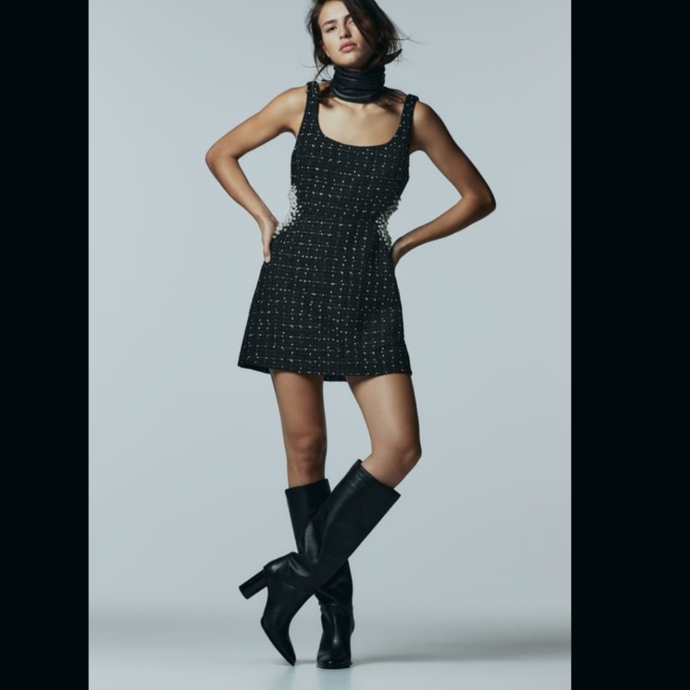 Zara tweed pearl cutout mini dress